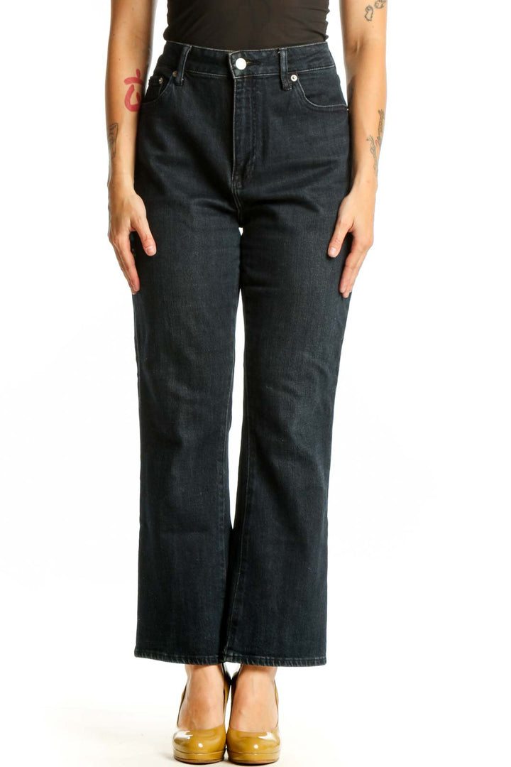 Front view of dark blue high-waisted straight leg jeans by Pistola, size L, featuring classic five-pocket styling
