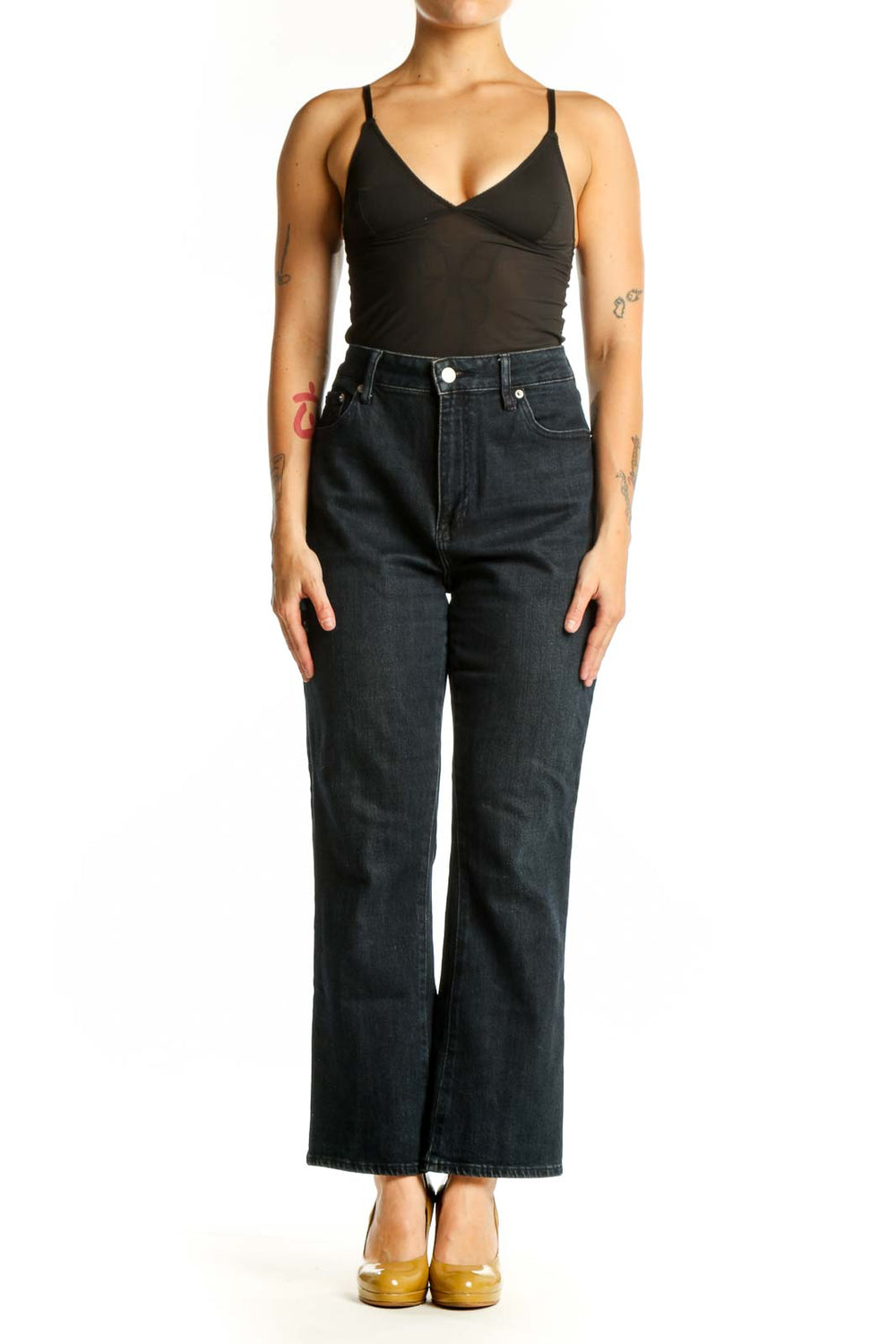 Front view of dark blue high-waisted straight leg jeans by Pistola, size L, featuring classic five-pocket styling