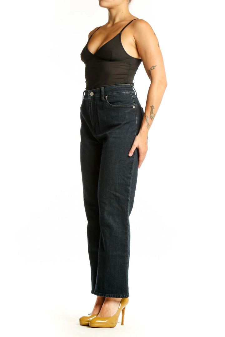 Front view of dark blue high-waisted straight leg jeans by Pistola, size L, featuring classic five-pocket styling
