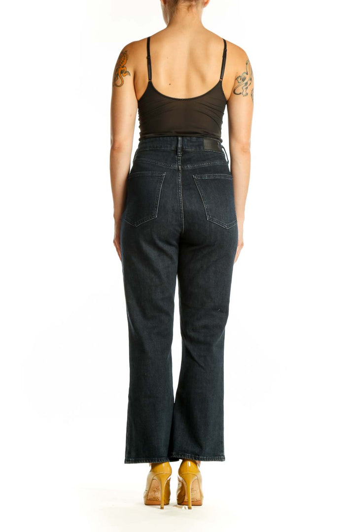 Back view of dark blue high-waisted straight leg jeans by Pistola showing flattering silhouette and straight leg cut