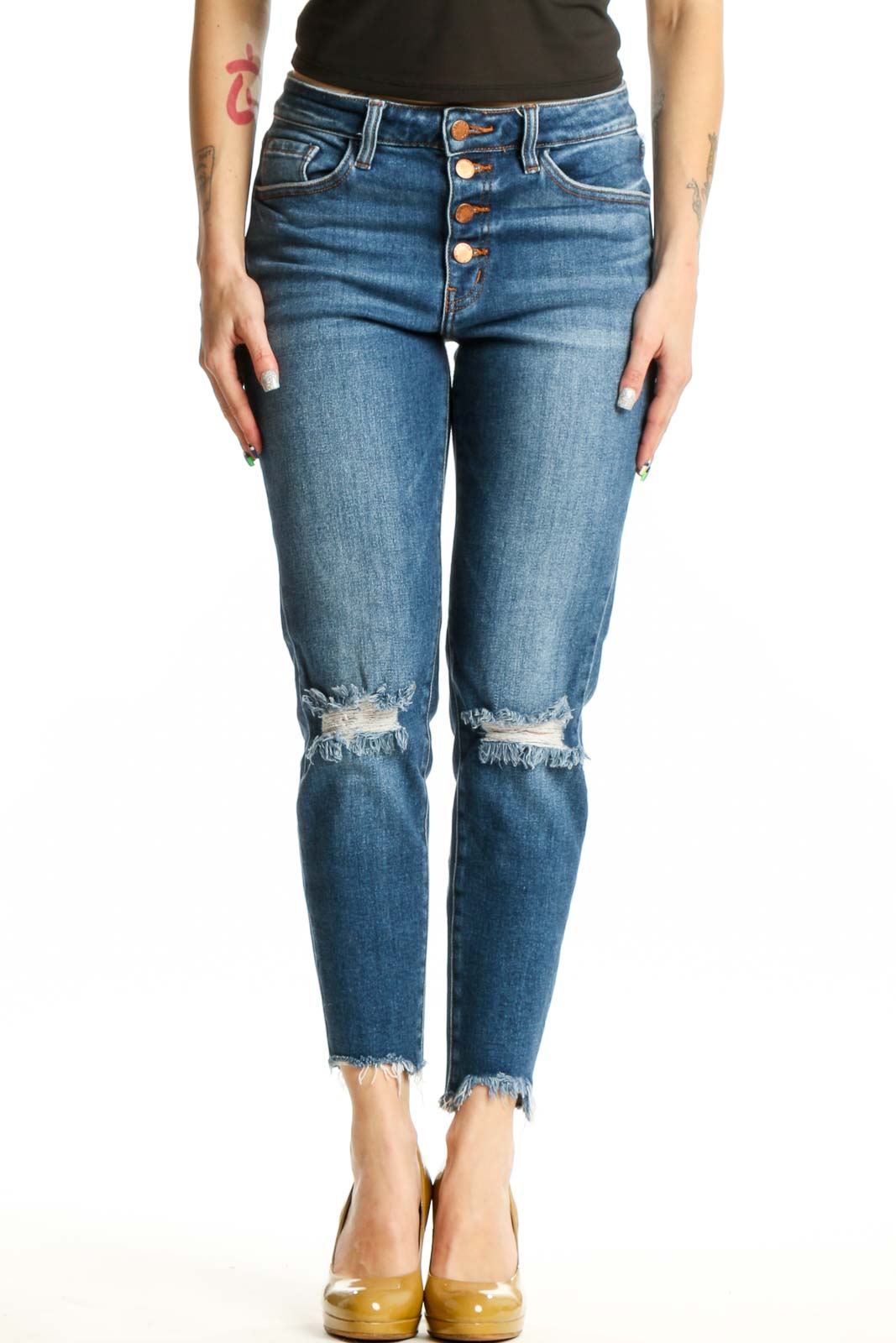 Front view of blue distressed skinny jeans with ripped knees and frayed hem by Kancan