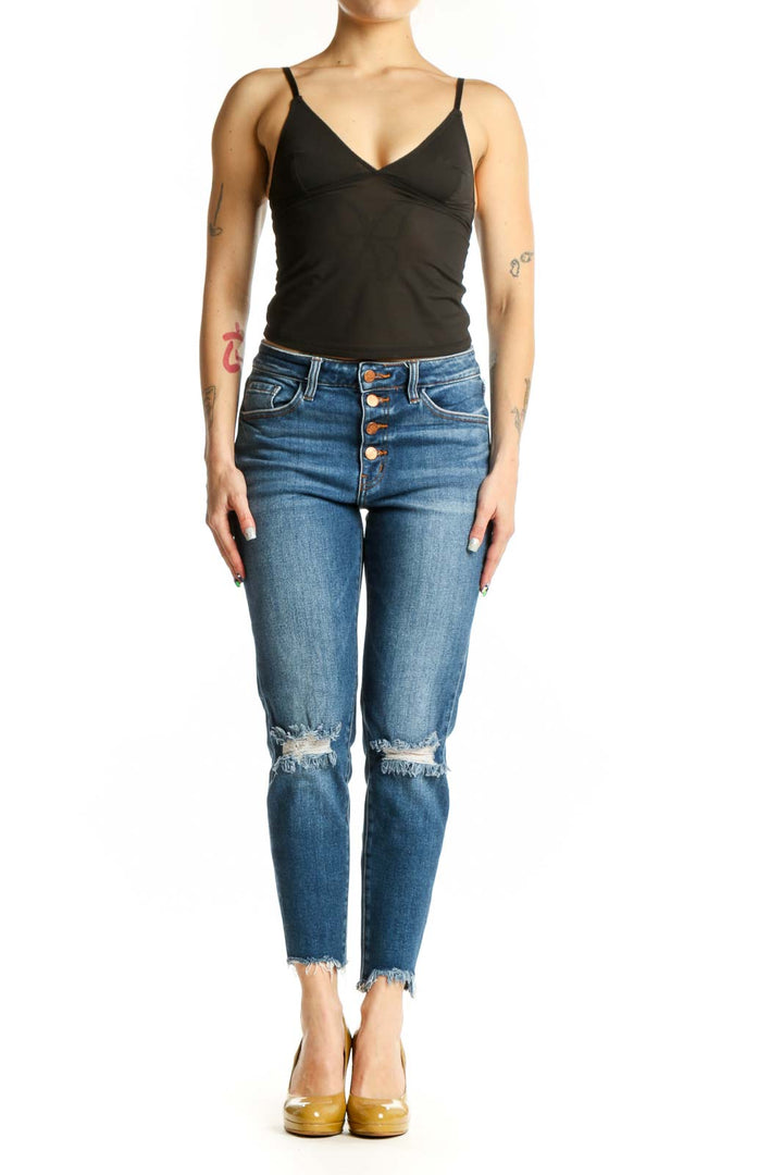 Front view of blue distressed skinny jeans with ripped knees and frayed hem by Kancan