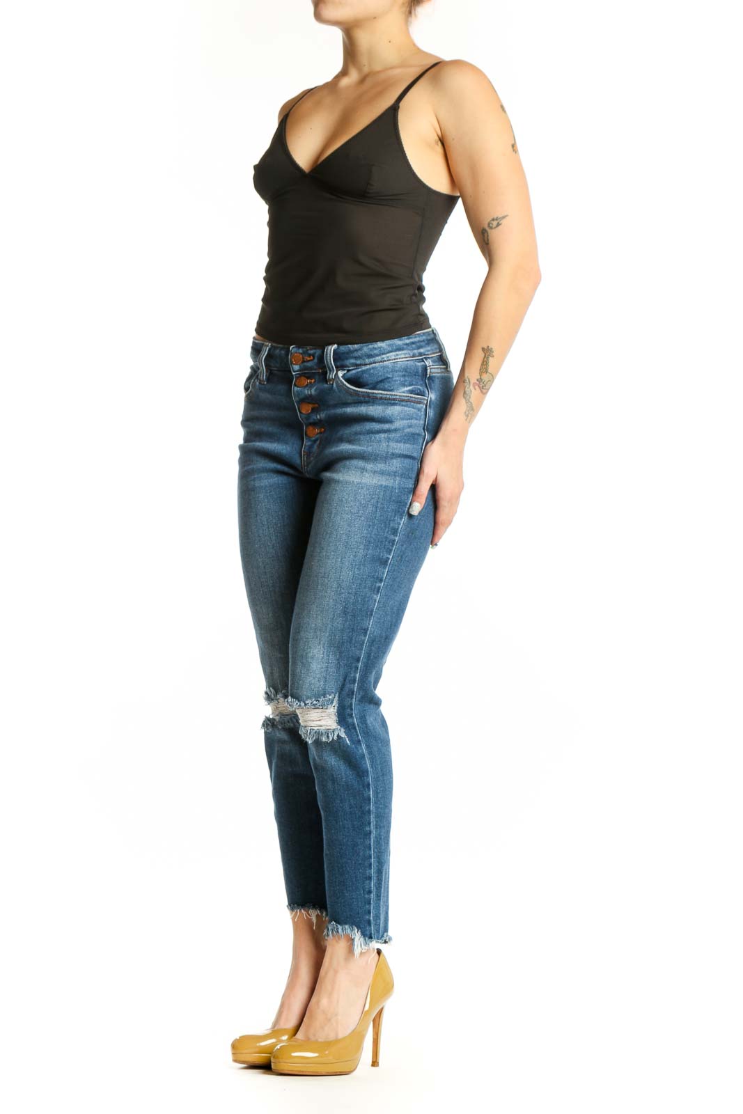 Front view of blue distressed skinny jeans with ripped knees and frayed hem by Kancan