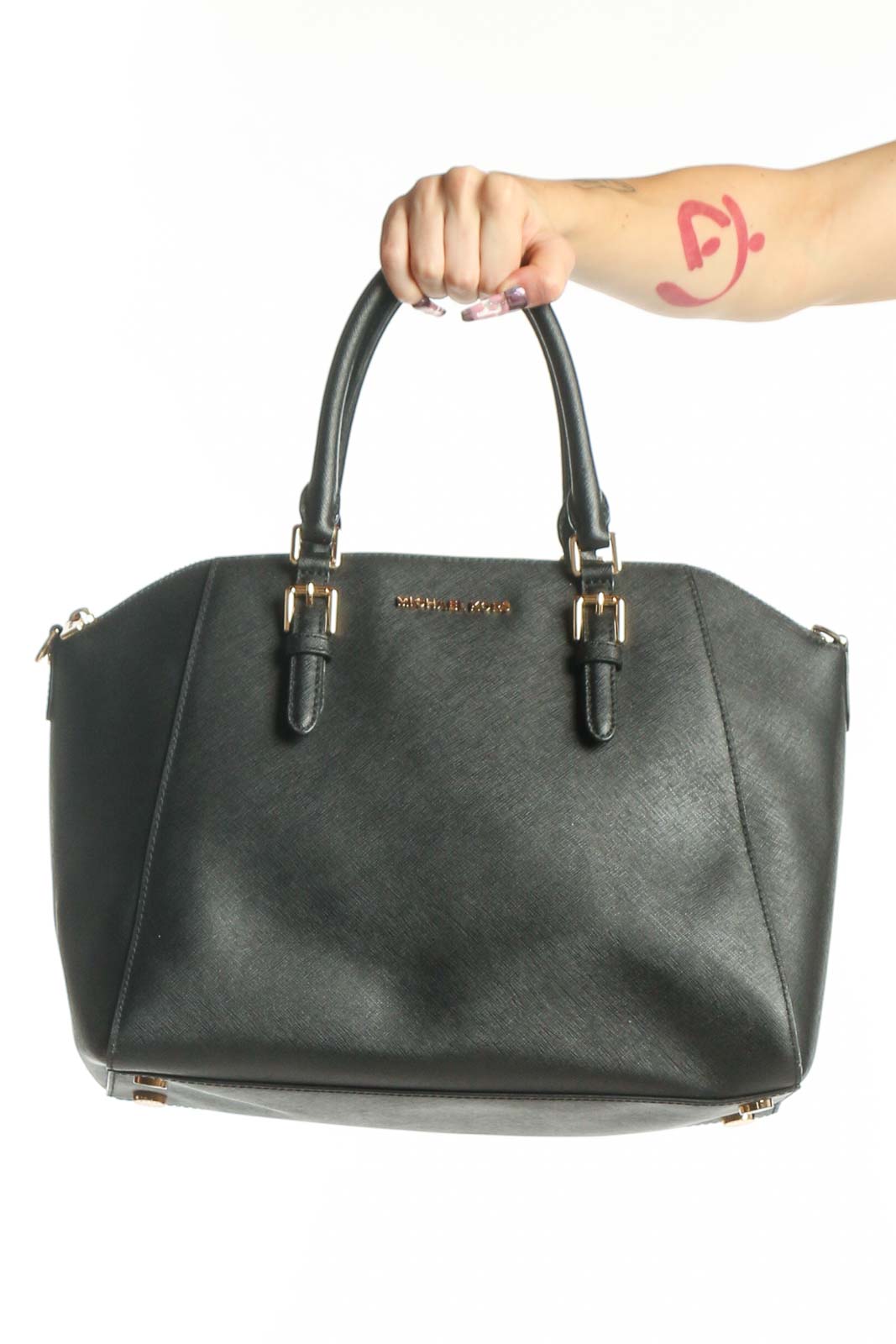 Black Michael Kors saffiano leather tote bag with dual black leather handles and gold-tone hardware, displayed front view