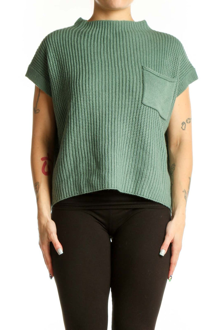 SilkRoll sage green ribbed knit short sleeve top with chest pocket, front view on model