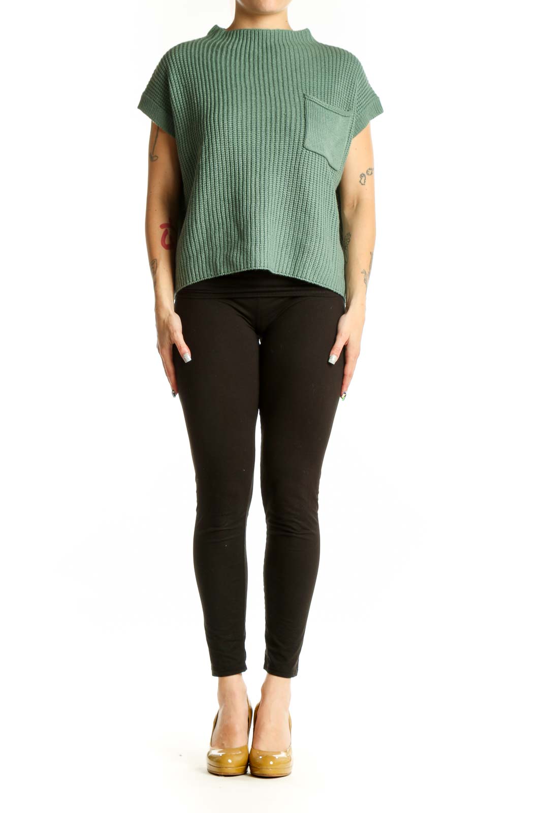 SilkRoll sage green ribbed knit short sleeve top with chest pocket, front view on model