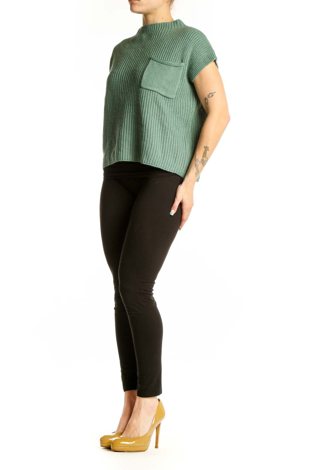 SilkRoll sage green ribbed knit short sleeve top with chest pocket, front view on model