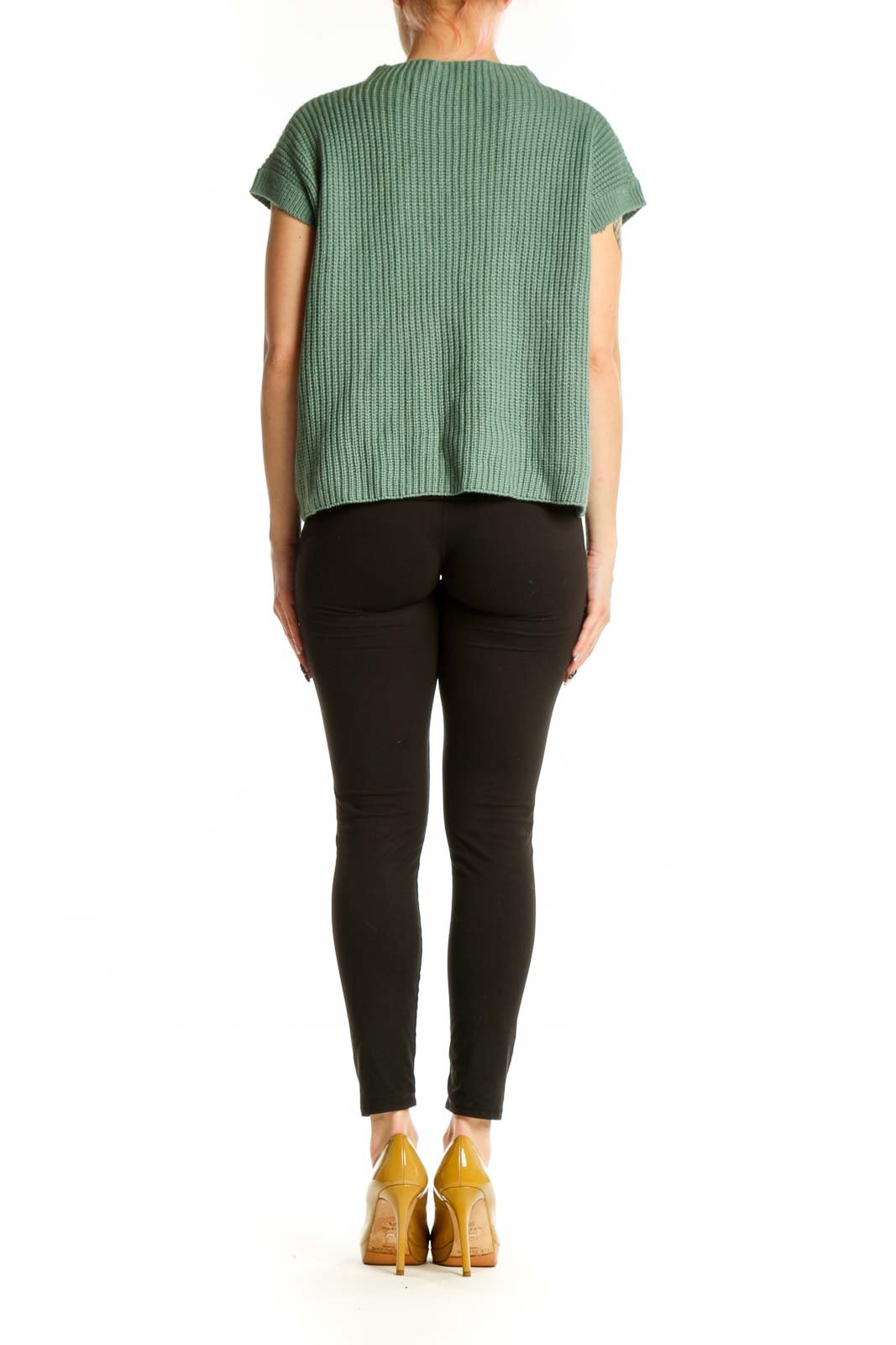 SilkRoll sage green ribbed knit short sleeve top, back view showing relaxed fit and pocket detail