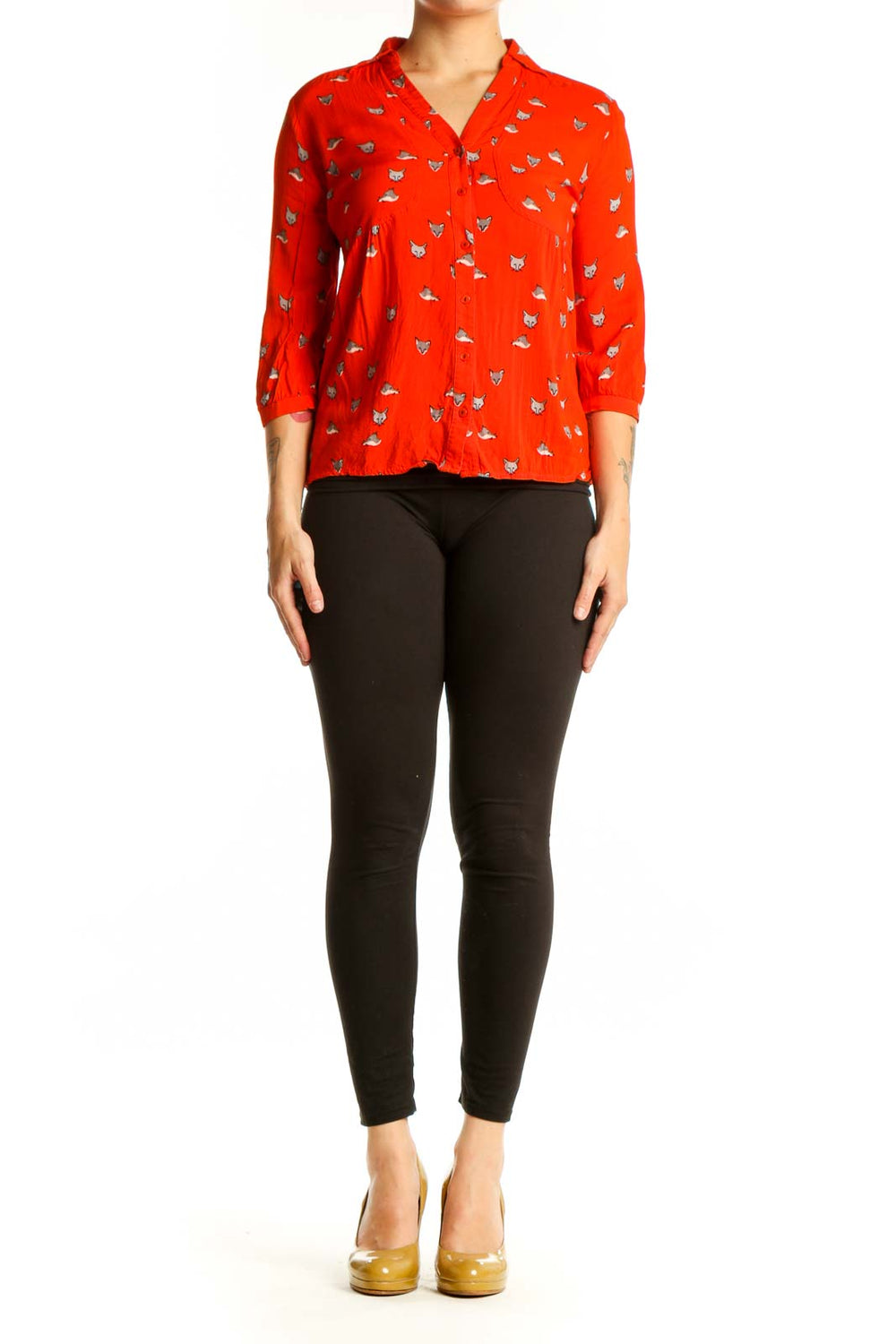 Red cat print button-up blouse with peplum waist detail, front view on model