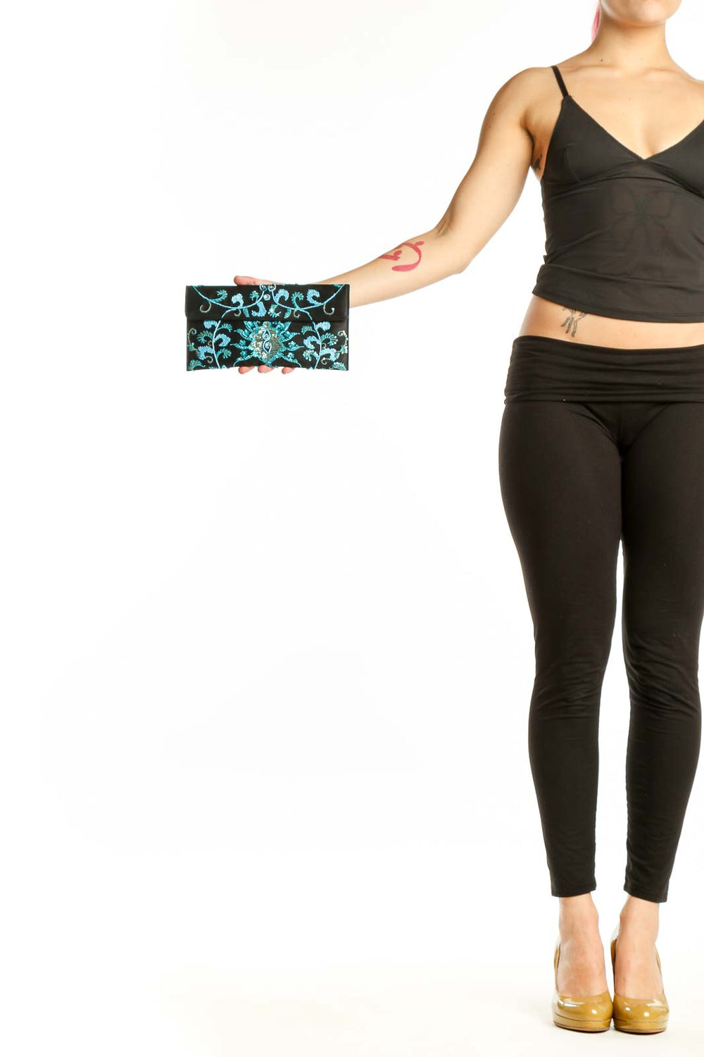 Black crossbody wallet with turquoise embroidered floral patterns and decorative beading by Valerie Stevens