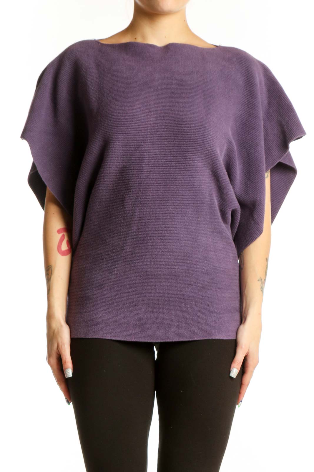 Purple ruffle sleeve top by Michael Kors with boat neckline and textured knit fabric, front view