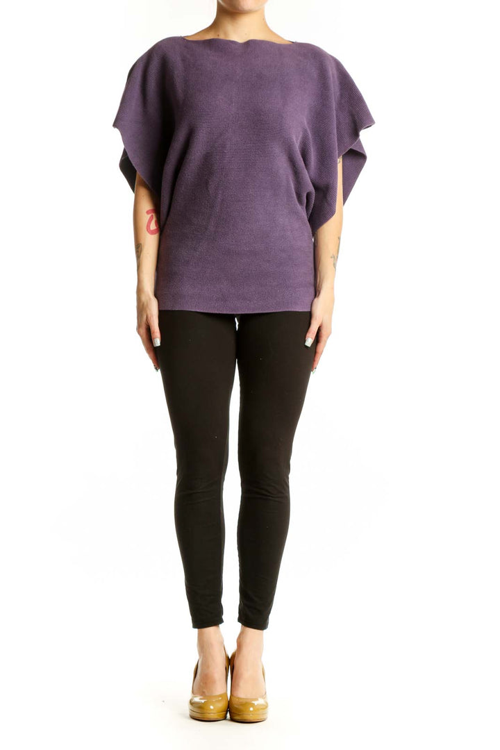 Purple ruffle sleeve top by Michael Kors with boat neckline and textured knit fabric, front view