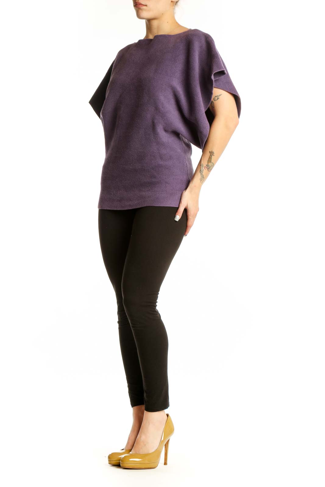 Purple ruffle sleeve top by Michael Kors with boat neckline and textured knit fabric, front view
