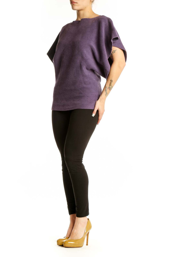 Purple ruffle sleeve top by Michael Kors with boat neckline and textured knit fabric, front view
