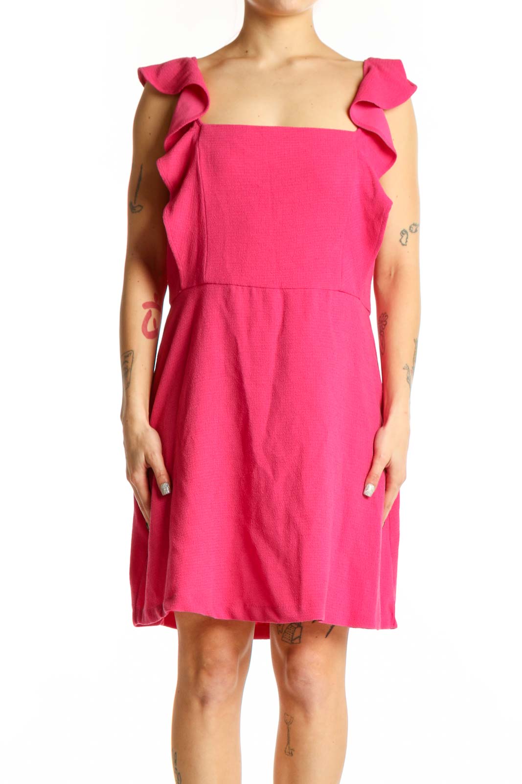 Front view of pink ruffle cap sleeve A-line dress with strapless neckline