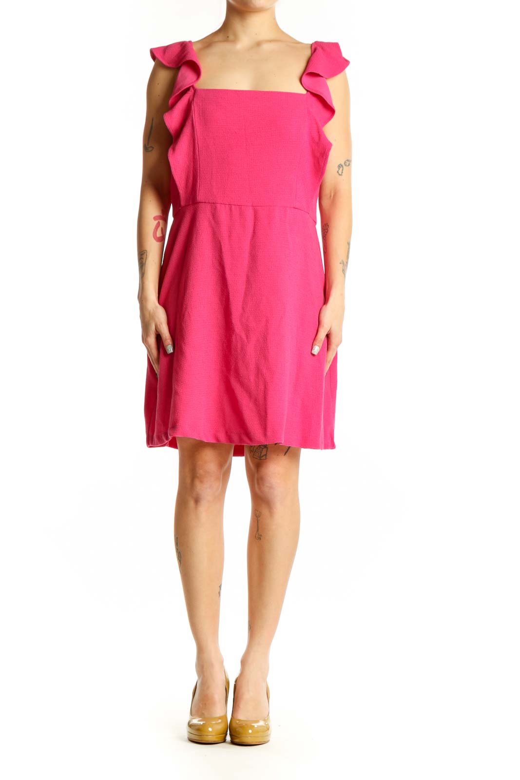 Front view of pink ruffle cap sleeve A-line dress with strapless neckline