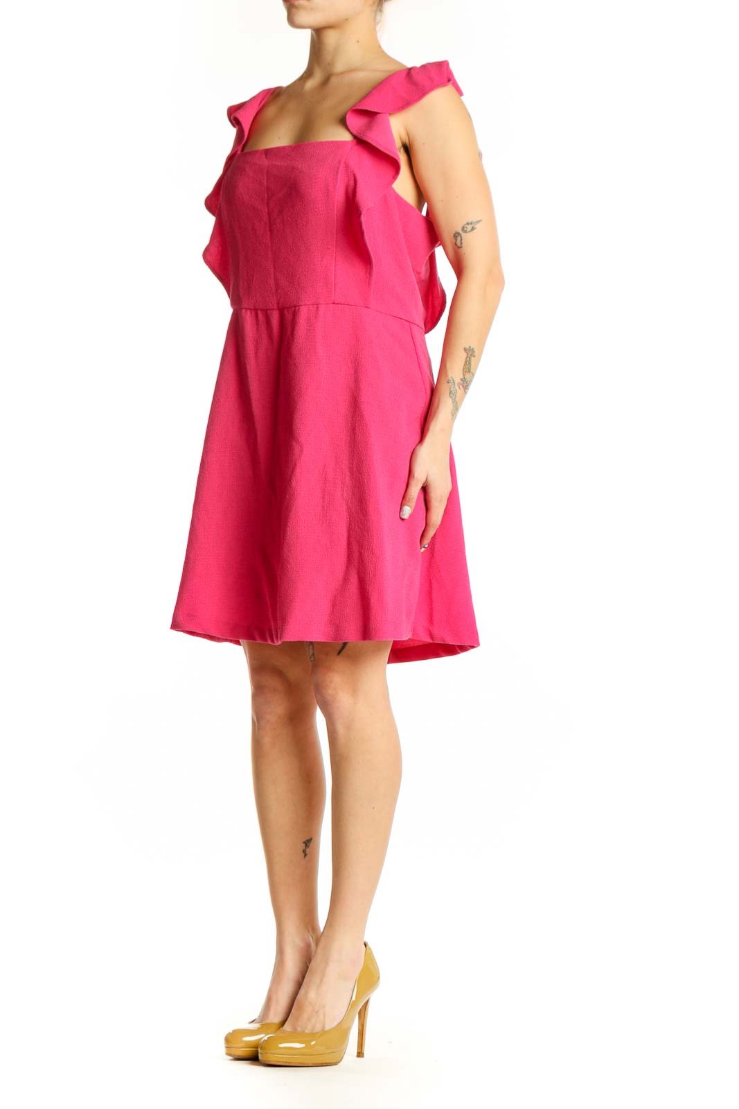 Front view of pink ruffle cap sleeve A-line dress with strapless neckline