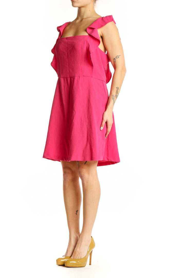 Front view of pink ruffle cap sleeve A-line dress with strapless neckline