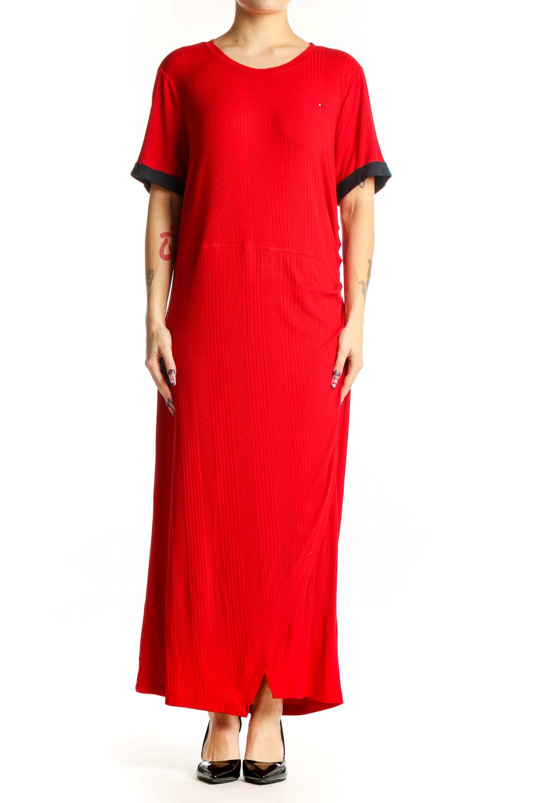 Red maxi t-shirt dress with black trim sleeves by Tommy Hilfiger, front view on model