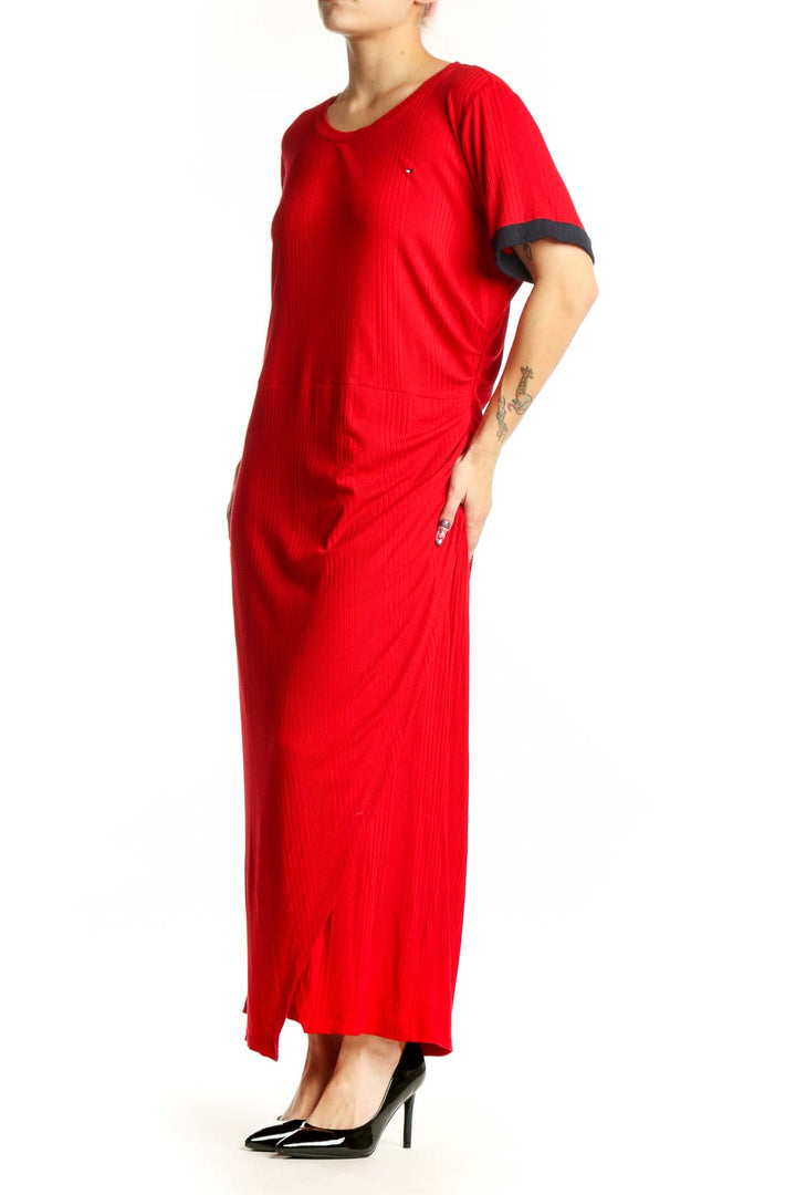 Red maxi t-shirt dress with black trim sleeves by Tommy Hilfiger, front view on model
