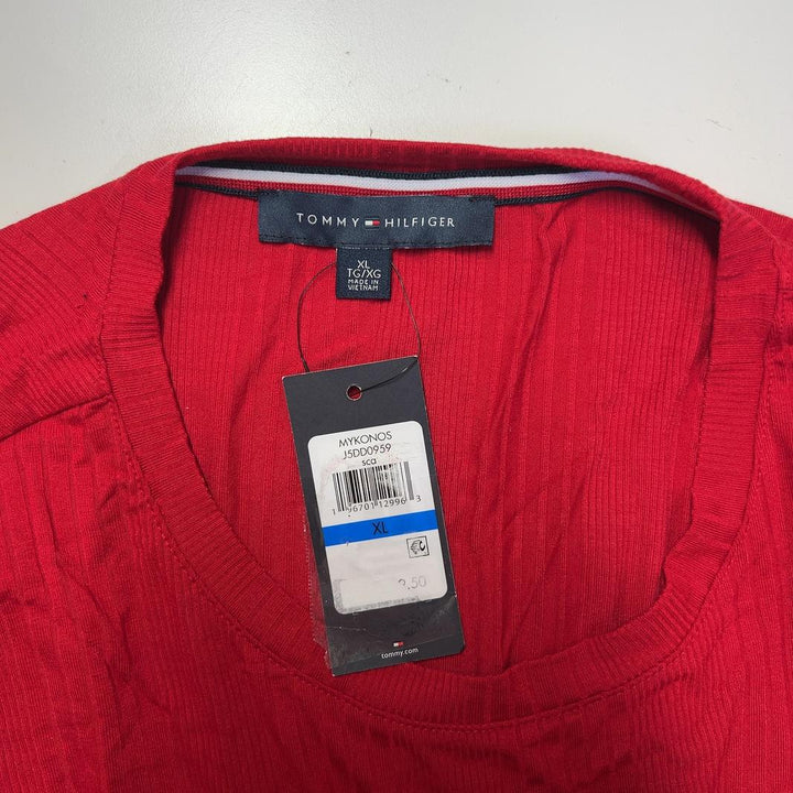 Red maxi t-shirt dress with black trim sleeves by Tommy Hilfiger, back view on model