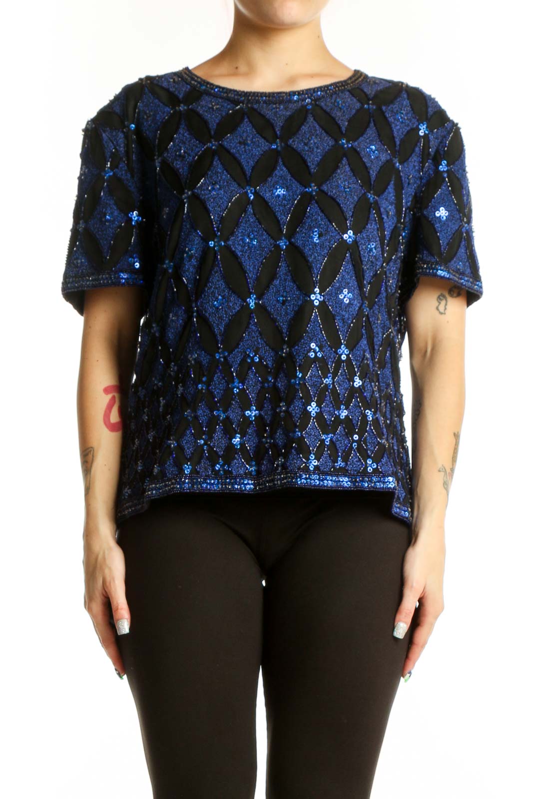 Navy blue silk top with geometric sequin and beadwork pattern, short sleeves, front view