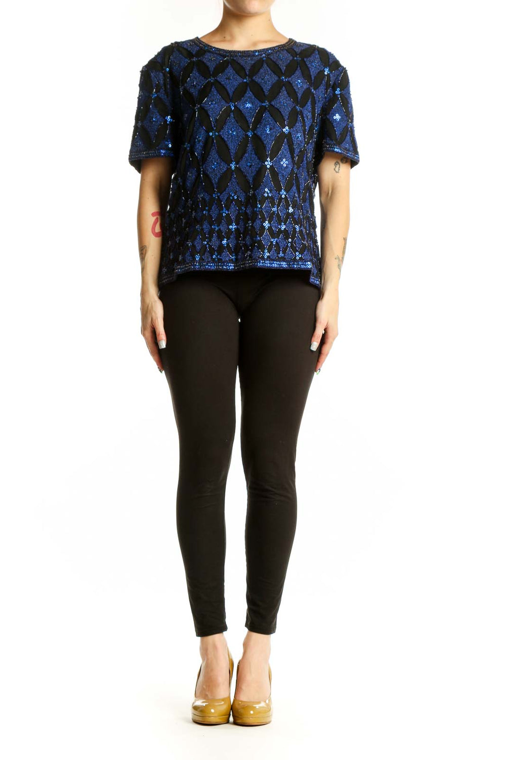 Navy blue silk top with geometric sequin and beadwork pattern, short sleeves, front view