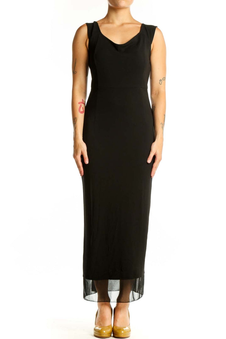Black sleeveless maxi dress with V-neckline and mesh overlay hem, front view
