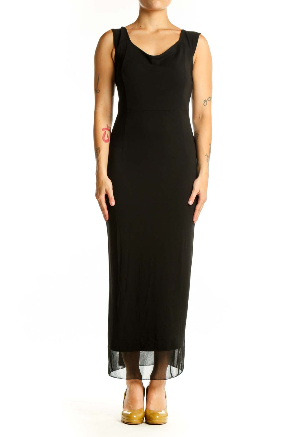 Black sleeveless maxi dress with V-neckline and mesh overlay hem, front view