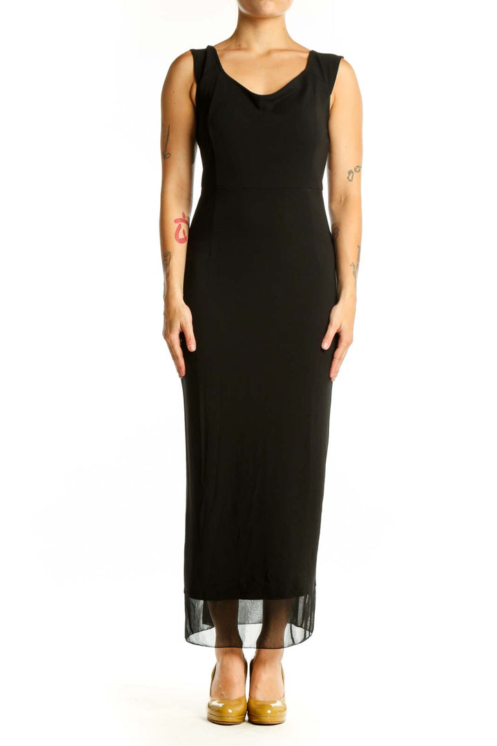 Black sleeveless maxi dress with V-neckline and mesh overlay hem, front view