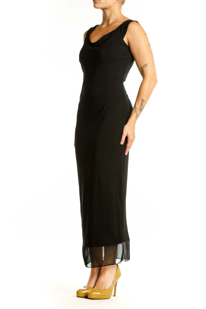 Black sleeveless maxi dress with V-neckline and mesh overlay hem, front view