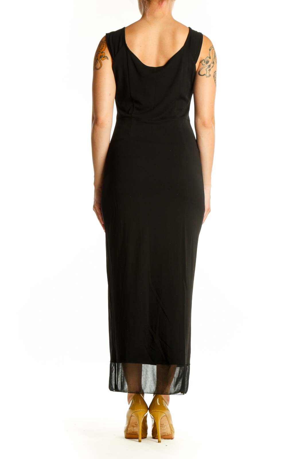 Black sleeveless maxi dress with V-neckline and mesh overlay hem, back view