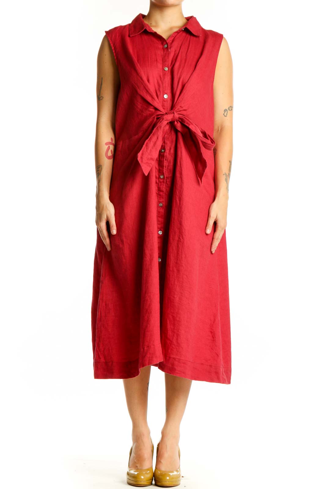 Red linen button-front shirt dress with tie detail, front view on model