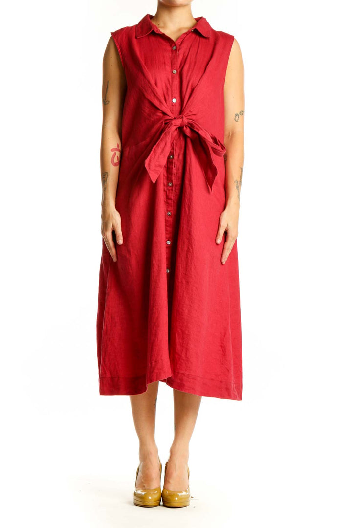 Red linen button-front shirt dress with tie detail, front view on model