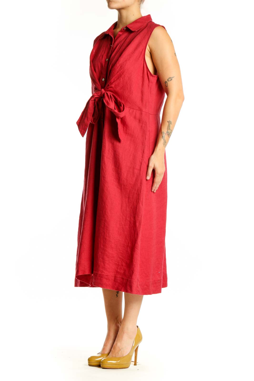 Red linen button-front shirt dress with tie detail, front view on model