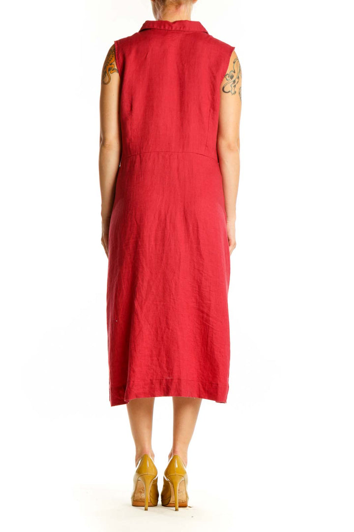 Red linen button-front shirt dress with tie detail, back view on model