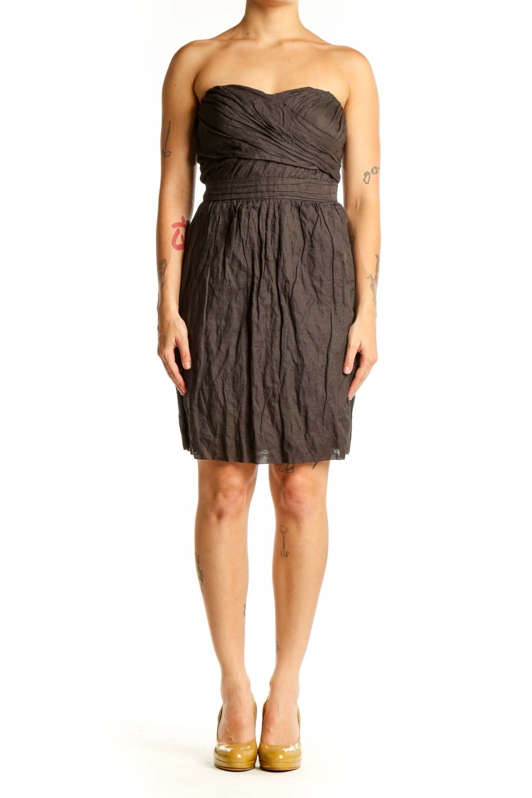 Black strapless J.Crew dress with ruched sweetheart neckline and gathered skirt, front view