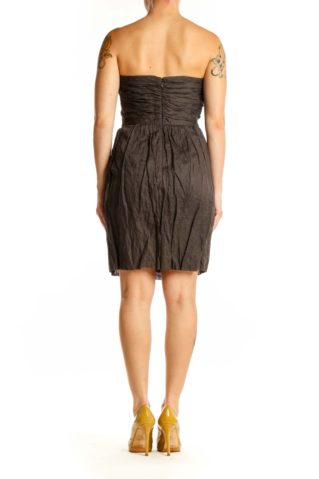Black strapless J.Crew dress with ruched sweetheart neckline and gathered skirt, back view