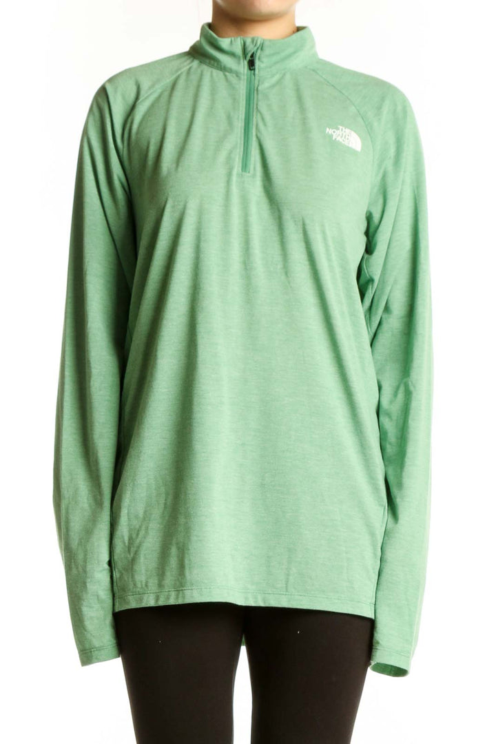 Sage green The North Face quarter-zip pullover with embroidered logo, front view on model
