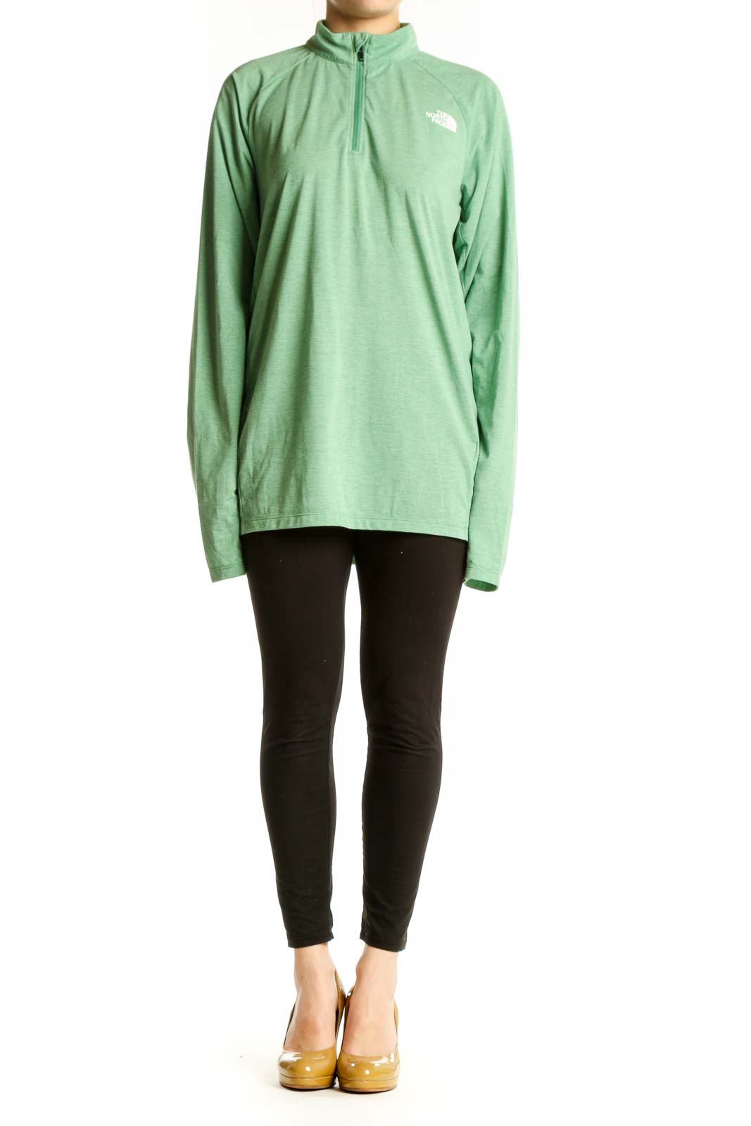 Sage green The North Face quarter-zip pullover with embroidered logo, front view on model