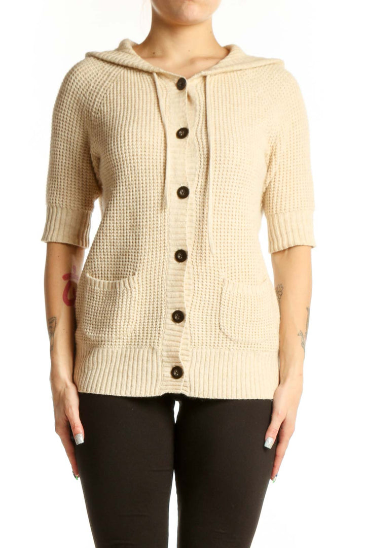 Cream cashmere cotton hooded cardigan by Joie with button-front closure and patch pockets, front view