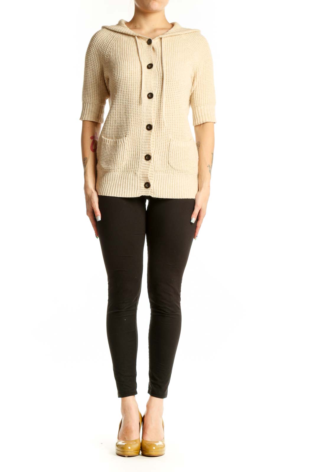 Cream cashmere cotton hooded cardigan by Joie with button-front closure and patch pockets, front view
