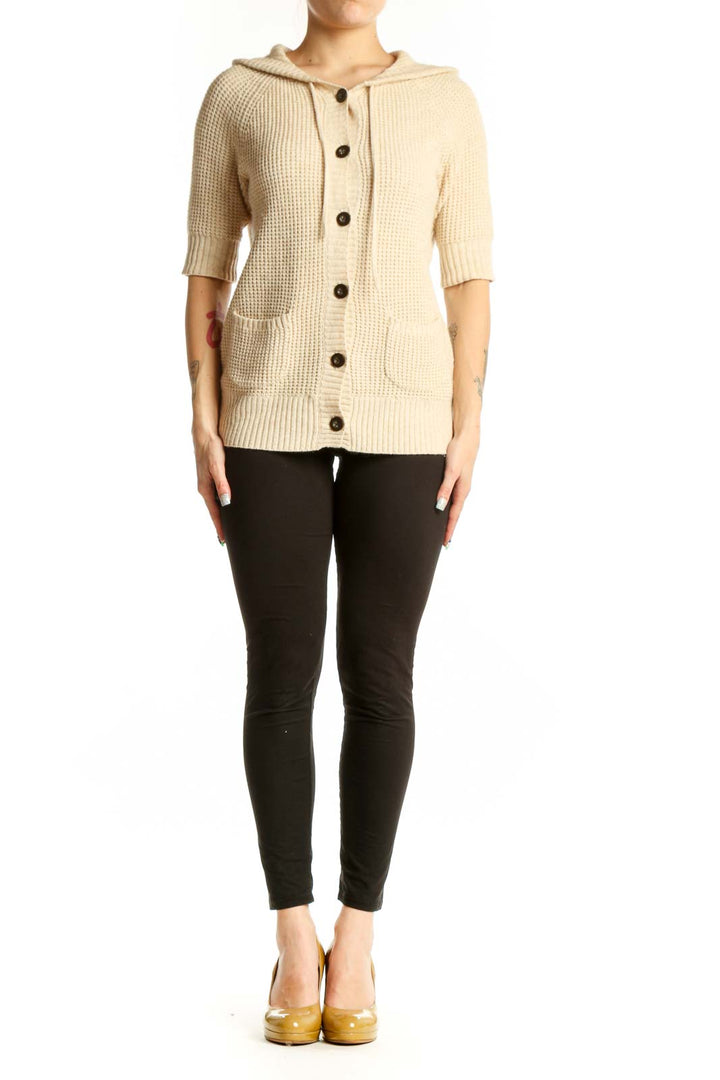 Cream cashmere cotton hooded cardigan by Joie with button-front closure and patch pockets, front view