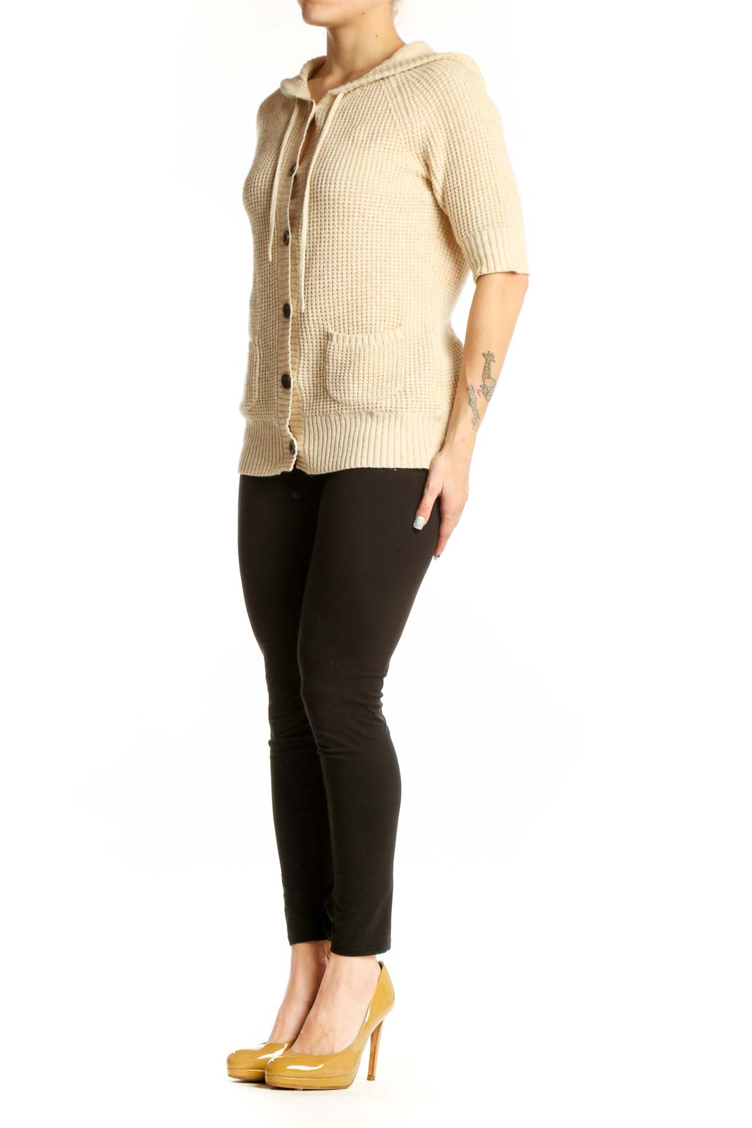 Cream cashmere cotton hooded cardigan by Joie with button-front closure and patch pockets, front view