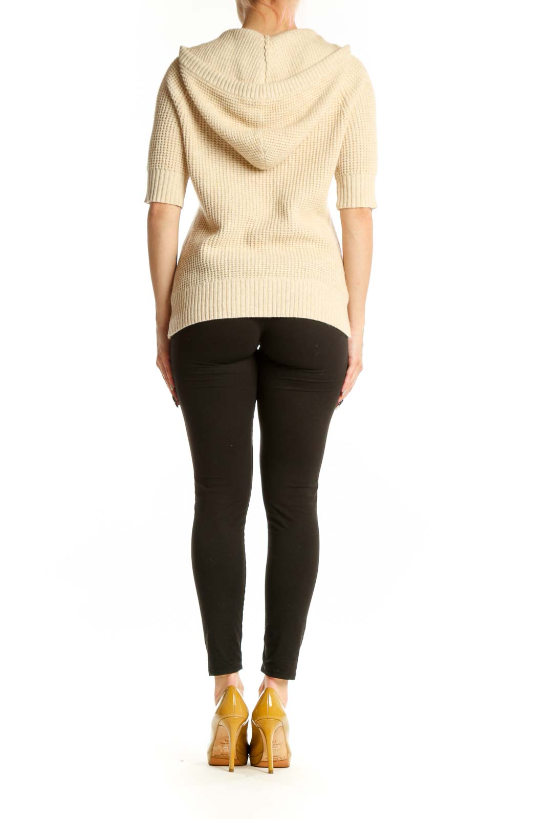 Cream cashmere cotton hooded cardigan by Joie with drawstring hood, back view