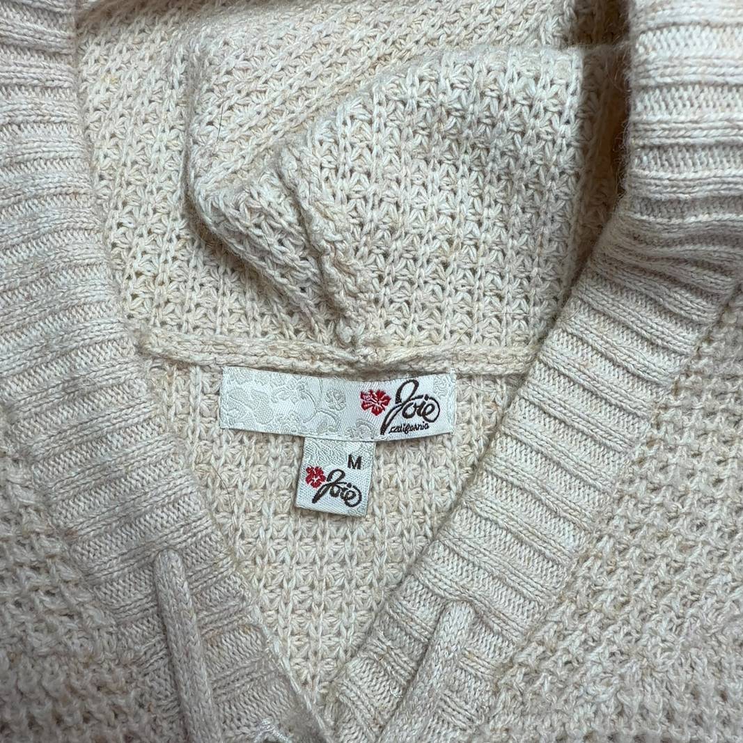 Cream cashmere cotton hooded cardigan by Joie with drawstring hood, back view