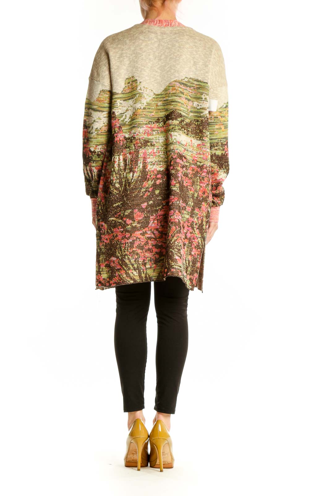 Multicolor floral cardigan with landscape print and metallic details, back view showing full length and drape