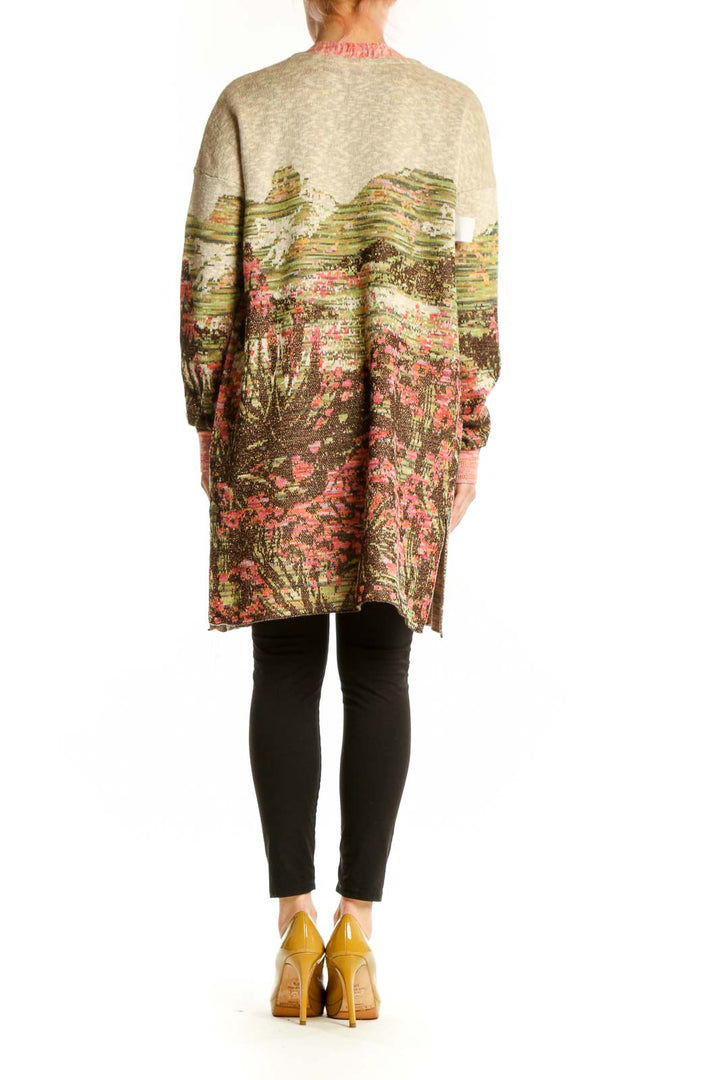 Multicolor floral cardigan with landscape print and metallic details, back view showing full length and drape