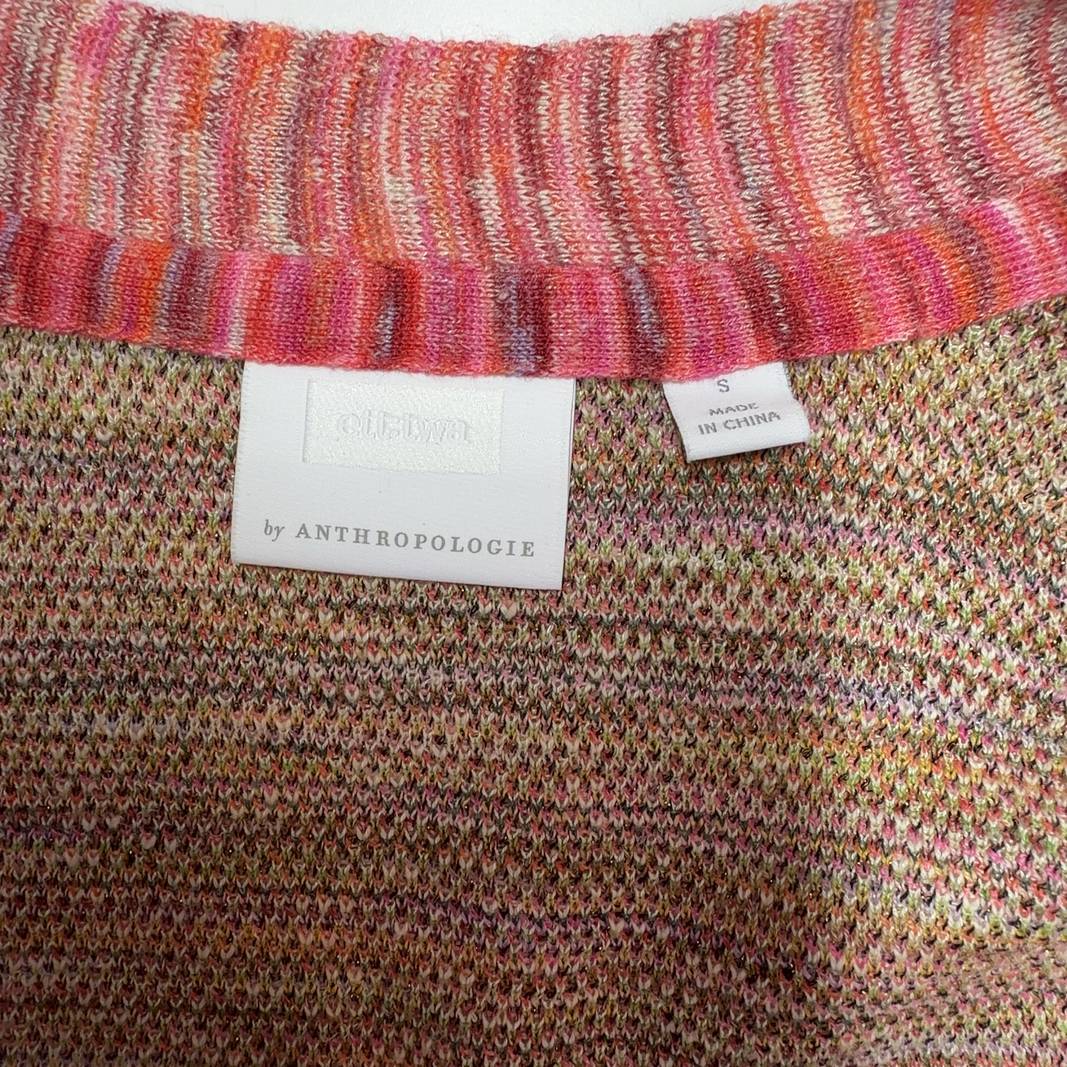 Multicolor floral cardigan with landscape print and metallic details, back view showing full length and drape