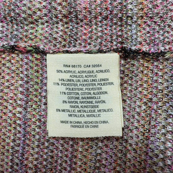 Multicolor floral cardigan with landscape print and metallic details, back view showing full length and drape